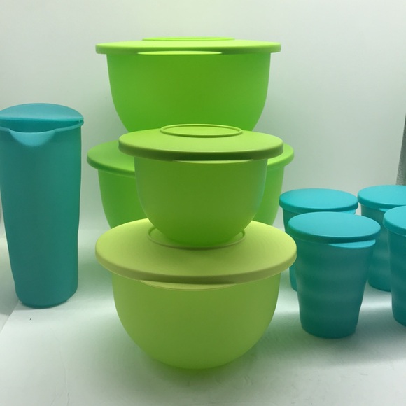 Tupperware Impressions Classic  Bowl  (4) & Jug (4) Tumbler Green & Blue Color - Picture 7 of 16